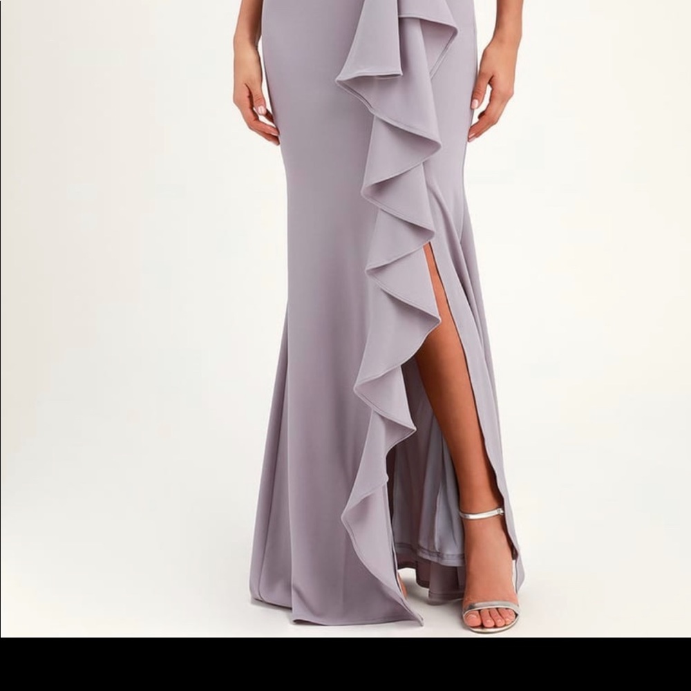 Lulu’s lavender ruffle off the shoulder maxi dress
